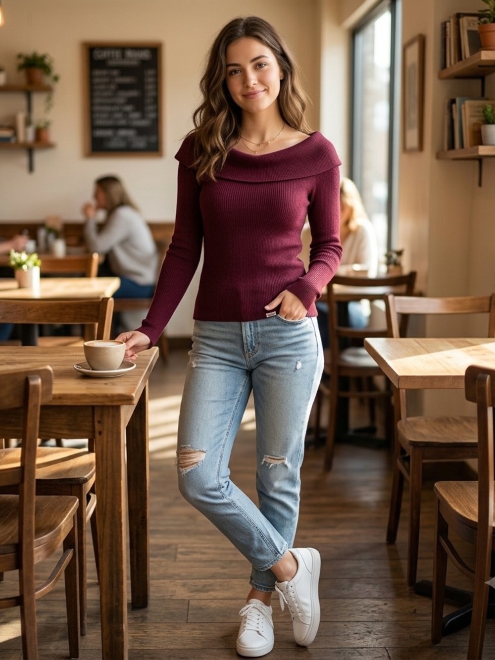 Women’s Off-Shoulder Ribbed Sweater - Burgundy